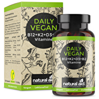 Das Daily Vegan Vitamin B12+K2+D3+B2 von natural aid ist eine Kombination von verschiedenen Vitaminen im Zusammenspiel mit B12. Die 120 Kapseln reichen für einen Zeitraum von 4 Monaten bei der empfohlenen Einnahme von einer Kapsel täglich.