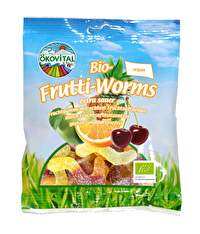 Die Frutti Worms von Ökovital sind extra sauer und zweifarbig (rot/gelb, rot/orange, gelb/grün) und schmecken lecker fruchtig nach Sauerkirsche, Ananas, Apfel und Orange.