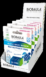 Mit dem Starter Set Reiniger von BioBaula erhälst du 3 kraftvolle Reinigungstabs für saubere Glasoberflächen, für ein sauberes Bad und für saubere Böden.
