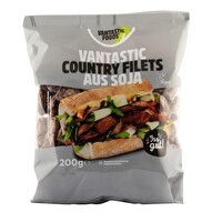 Wunderbar aromatische, bissechte Country Filets von Vantastic Foods, die mit Kakaopulver gefärbt und dem Geschmack von Rindfleisch authentisch nachempfunden wurden