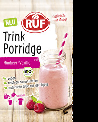 Bio Trink Porridge Himbeer-Vanille von RUF schenkt Dir wertvolle Ballaststoffe und verwöhnt Dich mit fruchtigem Himbeer-Vanille-Geschmack.