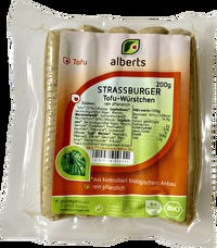 Die würzigen Strassburger Tofu Würstchen von Alberts können als Koch- und Bratwürstchen zum Einsatz kommen und überzeugen durch seine bissfeste Konsitenz sowie den guten Geschmack.