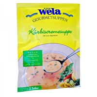 Die Gourmet Kürbiscremesuppe von Wela hat einen hohen Anteil an Kürbiswürfeln und Kürbispulver und einen aromatisch süß-sauren Geschmack.