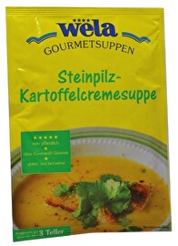 Die Gourmet Steinpilz-Kartoffelcremesuppe von Wela ist eine schnell zubereitete cremige Suppe mit reichlich Steinpilzen und Kartoffeln