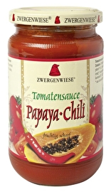 Scharf und fruchtig zugleich ist diese köstliche Tomatensauce Papaya-Chili von Zwergenwiese.