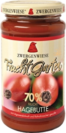 Der köstliche Fruchtgarten-Aufstrich Hagebutte von Zwergenwiese hat einen Fruchtanteil von 70% und ist mit wertvollem Agavendicksaft gesüßt.