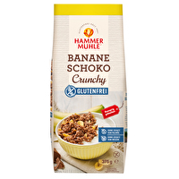 Banane Schoko Crunchy von Hammermühle - das sind schokoladig-knusprige Flakes mit Reiscrispies und Buchweizen und feine gebackene Bananenstückchen.