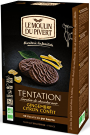 Die edlen Tentation Zitronen-Ingwer-Kekse der französischen Marke Le Moulin du Pivert sind von zarter dunkler Schokolade umhüllt.