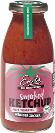 Der Smoked Ketchup von Emils Bio-Manufaktur schmeckt wunderbar rauchig-tomatig mit über 80% Tomatenanteil und nur 12% Gesamtzucker (nur aus Tomaten, Balsamico und Apfelsaft).