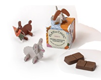 Im Überraschungswürfel Schokolade °Kaninchen° von PLAYinCHOC sind zwei einzeln verpackte, vollmundig-cremige Bio-Pralinen enthalten.