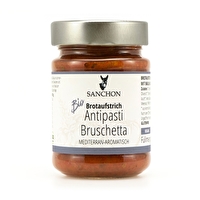 Der Antipasti Aufstrich Bruschetta von Sanchon ist ein köstlicher Brotaufstrich auf Basis von sonnengereiften Tomaten, der mit herrlich aromatischen Gewürzen und Basilikum die Sonne Italiens auf den Teller holt.