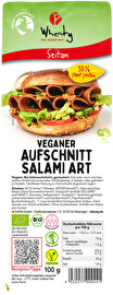 Veganer, pikanter Salami-Aufschnitt mit deftiger Schärfe - luftgetrocknet! Jetzt günstig bei kokku, deinem veganen Onlineshop, kaufen!