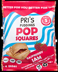 Die britischen Pop Squares °Raspberry Jam° von Pri's Puddings sind köstliche Gebäckhappen aus Mürbeteig mit Himbeerfüllung.