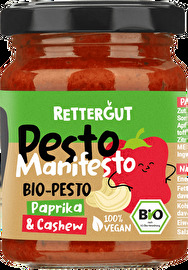 Im Bio-Gemüsepesto Paprika mit Cashew von Rettergut wird gerettetes Gemüse zu einem herrlich aromatischen Pesto verarbeitet, das geschmacklich keine Wünsche offen lässt und durch seine bedingungslose Nachhaltigkeit sogar noch besser schmeckt.