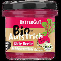Der Bio-Aufstrich Rote Beete & Meerrettich von Rettergut schmeckt wunderbar auf dem Brot oder als Dip zu Gemüse.