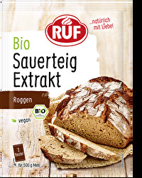 Mit dem Bio Sauerteigextrakt von RUF sparst Du Dir die Zeit, Sauerteig anzusetzen. Ein Beutelchen des Sauerteigextraktes reichen für 500g Mehl und zwei Tüten der RUF Bio Hefe. Damit gelingt Dir ein ordentliches Roggenbrot - garantiert!