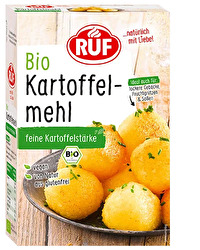Das Bio Kartoffelmehl von RUF im 500g-Pack ist vielseitig einsetzbar. Im Gegensatz zu Weizenmehl handelt es sich bei Kartoffelmehl eigentlich um Kartoffelstärke.