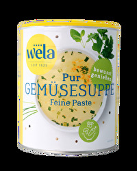 Die Gemüsesuppe °Pur° von Wela ohne Palmöl dafür mit Raps- und Sonnenblumenöl bietet einen leckeren fein abgestimmten Bouillon-Geschmack ganz ohne Fleisch.