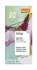 Die Edel Bitter 80% von Vivani ist eine hochprozentige Schokolade mit intensivem Kakaogeschmack.