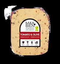 Der Tomate und Olive von Max & Bien ist ein veganer Käse am Stück mit schwarzen Oliven und sonnengereiften Tomaten.