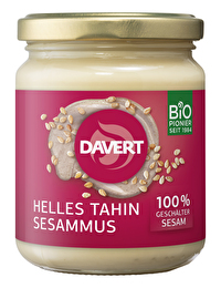 elles Tahin Sesammus von Davert wird aus 100% geschältem, fettfrei geröstetem Bio-Sesam hergestellt.