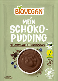 Der Biovegan Schoko Pudding entfaltet sein feines Aroma durch extra viele Zartbitter-Schoki-Raspeln und einen zarten Hauch von Himalayasalz.