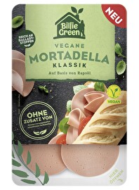 Hier kommt der vegane Mortadella Klassik von Billie Green: Zarte Mortadella-Scheiben mit herzhaftem Biss und vollem Geschmack! Außerdem ist dieser Mortadella eine gute Quelle für Ballaststoffe.