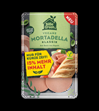 Hier kommt der vegane Mortadella Klassik+15% mehr Inhalt von Billie Green: Zarte Mortadella-Scheiben mit herzhaftem Biss und vollem Geschmack!