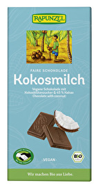 Die Kokosmilch Schokolade von Rapunzel vereint das Beste aus der Kokosnuss mit dem intensivem Aroma von Kakao und wird abgerundet mit der leichten Karamell Note des Kokosblütenzuckers.