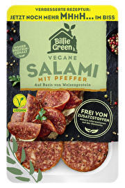 Die vegane Salami Pfeffer von Billie Green wird auf Basis von Weizenprotein hergestellt und hat einen unvergleichlich würzigen Geschmack.