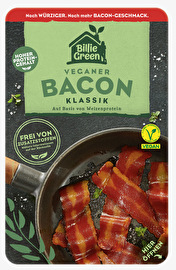 Der vegane Bacon in Scheiben von Billie Green ist ein richtiger Game Changer was die Konsistenz nach dem Braten angeht.