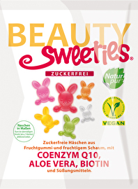 Zuckerreduzierte Häschen von Beauty Sweeties sind vegane und zuckerreduzierte Gummibärchen mit dem Coenzym Q10. Jetzt preiswert bei kokku im veganen Onlineshop kaufen!