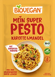 Das Mein Super Pesto °Karotte & Mandel° von Biovegan bringt dir bunte Abwechslung auf den Teller.