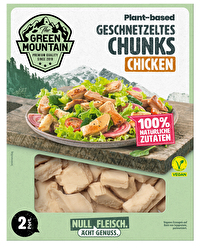 Chicken Chunks - veganes Geschnetzeltes von Green Mountain sind vegane Hähnchenschnetzel auf Sojabasis, die Du sehr einfach und schnell in der Pfanne zubereiten kannst.