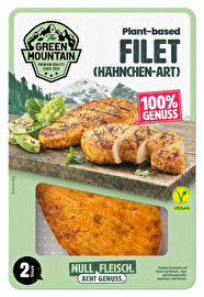 Das Chicken Filet von Green Mountain auf Basis von Weizen- und Sojaeiweiß ist ein schnell zubereitetes veganes Hühnchensteak mit einer knackigen Konsistenz und einem sehr authentischen Geschmack.