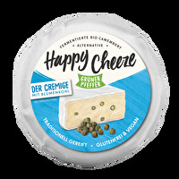 Der Cremige Grüner Pfeffer von Happy Cheeze ist eine fermentierte Bio Camembert-Alternative auf Blumenkohl-Basis und wie der Name schon sagt cremig weich in seiner Konsistenz.