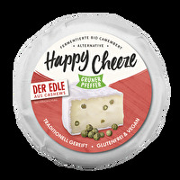 Happy Cheeze der Edle mit Grünem Pfeffer ist eine auf Cashewnüssen basierende Alternative zu Camembert. Verfeinert wird sie durch grünen Pfeffer, was diese Sorte zu einem wirklich außergewöhnlichen Genuss macht.