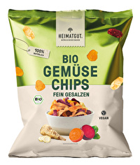 Die Gemüse Chips von Heimatgut vereinen Pastinaken, Süßkartoffeln und rote Beete in einer knusprigen Form, verfeinert mit einem Hauch Meersalz.