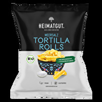 BIO Tortilla Rolls mit Meersalz von Heimatgut sind super knusprig und nehmen durch die gerollte Form beim Dippen besonders viel Sauce auf.