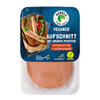 Ein leckerer Soja-Aufschnitt in gewohnter Hobelz-Qualität, der an Kochschinken erinnert und mit grünem Pfeffer abgerundet ist.