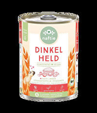 Der Dinkel Held klein in der 400g-Büchse von naftie - ein überaus bekömmliches veganes Nassfutter aus Dinkelflocken mit roten Linsen, Äpfeln und Kartoffeln.