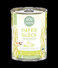 Das vegane Nassfutter Hafer Glück klein von naftie versorgt Deinen Hund mit allem, was er so braucht. Lecker und in Bio-Qualität mit viel Haferflocken, Kichererbsen, Spinat und Kürbis.