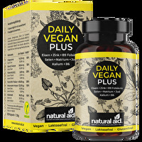 Das Daily Vegan Plus von natural aid stellt eine gelungene Kombination aus Eisen, Zink, B9, B6, Kalium, Jod und Folsäure dar. Die empfohlene Verzehrsmenge liegt bei einer Kapsel pro Tag. Die Packung reicht für 4 Monate.