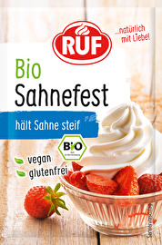Das Bio Sahnefest von RUF ist bestens zum Steifen von Sahne geeignet. Einfach 250ml Sahne unter Zugabe eines Päckchens Sahnefest aufschlagen - sie bleibt steif! Jedes der 4 Päckchen enthält 8 Gramm Sahnefest.