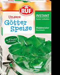 Die Instant Götterspeise Waldmeister-Geschmack von RUF ist fix zubereitet - da werden Kindheitserinnerungen wach! Einfach Wasser hinzugeben, vermischen und ab in den Kühlschrank - schneller kommst Du kaum zu einem leckerem Nachtisch!