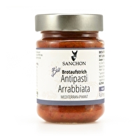 Der Antipasti Aufstrich Arrabbiata von Sanchon ist ein feiner veganer Brotaufstrich auf Basis von sonnengereiften Tomaten mit pikanter Cayenne-Pfeffer Note.