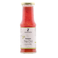 Die vegane Asiasauce Thai Chili von Sanchon in Bio-Qualität besticht durch ihre traditionelle süß-scharfe Würze und passt natürlich ausgezeichnet zu Frühlingsrollen, Tofu, Gemüse und allerlei Nudelgerichten.