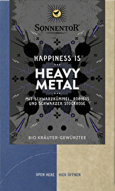 Mit Schwarzkümmel, Rooibos und schwarzer Stockrose zeigt dir der Happiness is Heavy Metal Tee von Sonnentor, wie außergewöhnlich der Alltag sein kann.