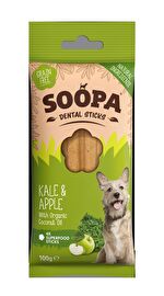 Die Kauknochen Dental Sticks Kale & Apple von Soopa kommen mit leckerem Kohl und noch leckererem Apfel daher - ein Fest für Deinen Hund! Die 4 Sticks sind leicht bekömmlich und verfügen nur über 73 Kcal pro Stück! Jetzt günstig bei kokku im Veganshop bestellen!