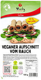 Fein geräucherter Aufschnitt vielseitig verwendbar als Streifen im Salat, aufs Brot oder auf der kalten Platte. Jetzt im veganen Onlineshop von kokku!
